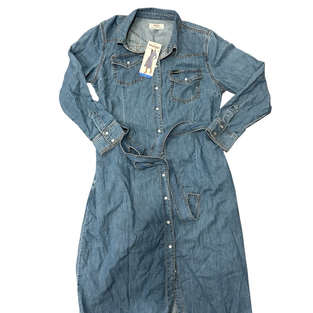 NWT Wrangler Womens Large Denim Dress Blue Western Pockets Long Sleeves Cotton S